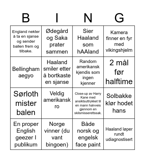 Norge - England Bingo Card