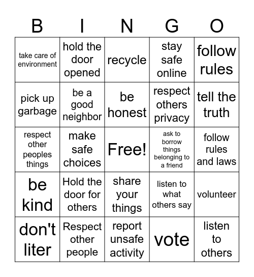 Good Citizen Bingo Card