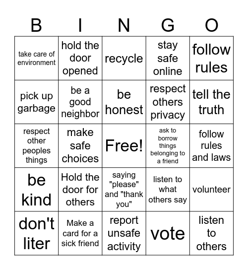 Good Citizen Bingo Card