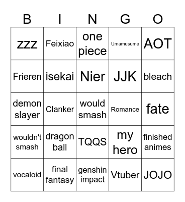 cosplay Bingo Card