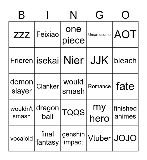 cosplay Bingo Card