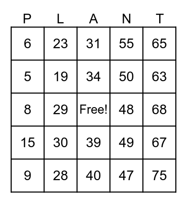 PLANT BINGO Card