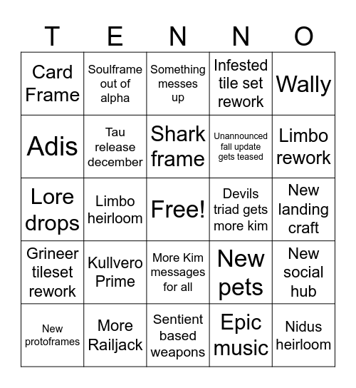 TENNO Bingo Card