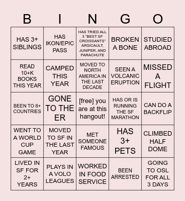 BRING A +1 HANG Bingo Card