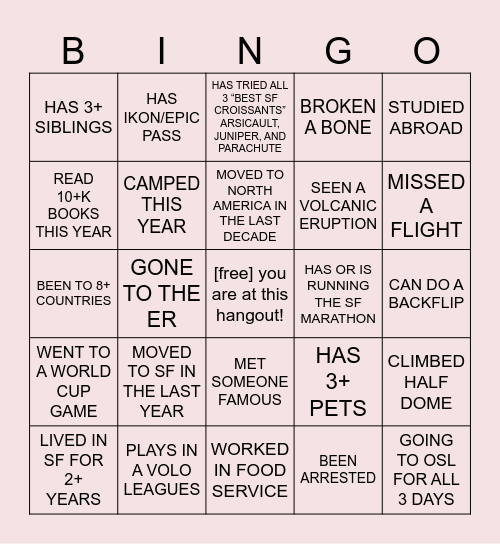 BRING A +1 HANG Bingo Card