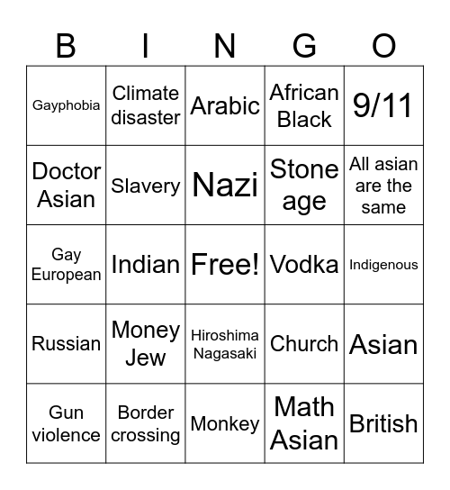 Family guy racist jokes Bingo Card