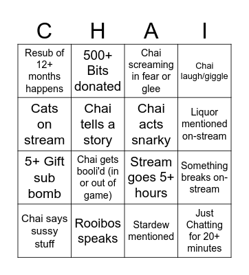 ChaiSpice Stream Bingo Card