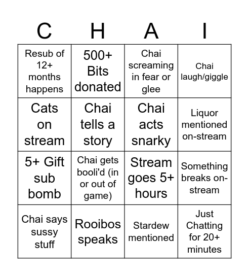 ChaiSpice Stream Bingo Card