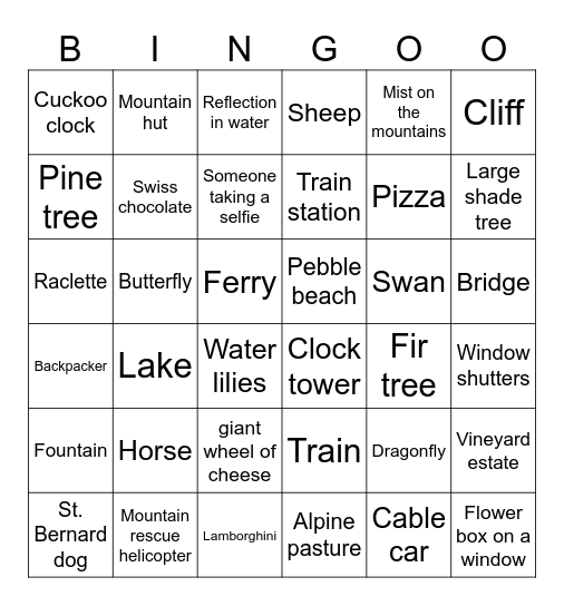 Italy/Switzerland Black Out BINGO Card