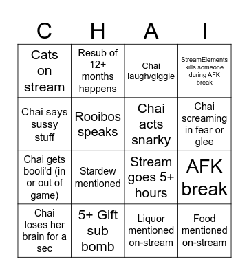 ChaiSpice Stream Bingo Card