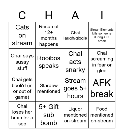 ChaiSpice Stream Bingo Card