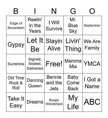 70's Music BINGO Card
