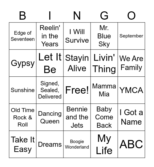 70's Music BINGO Card