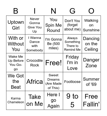 80's Music Bingo Card