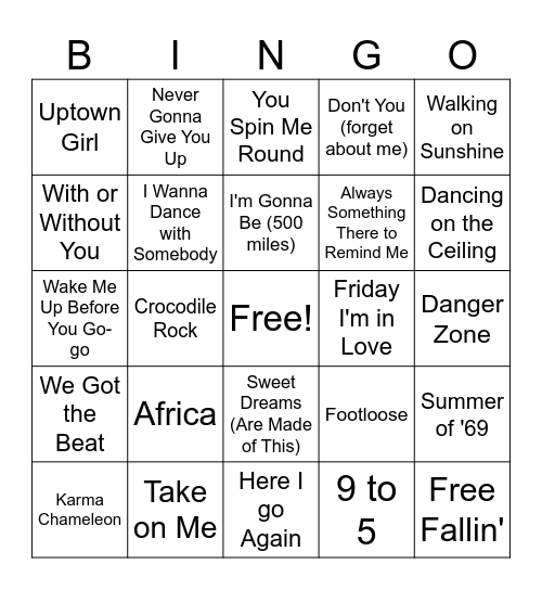 80's Music Bingo Card