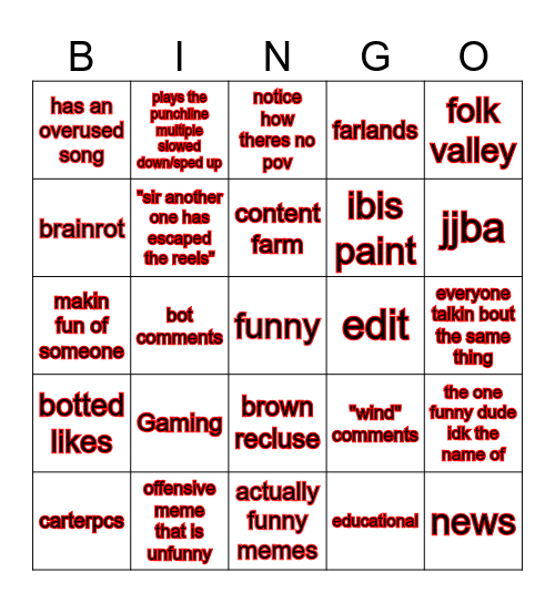 yt shorts bingo Card