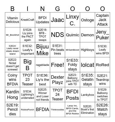 1 new BFDI video Bingo Card