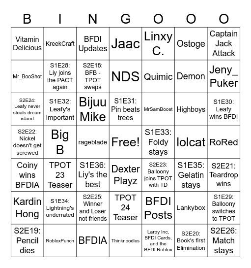 1 new BFDI video Bingo Card