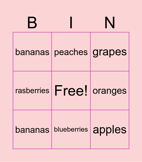 Fruit Bingo Card