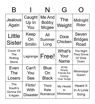 Southern Rock Bingo Card