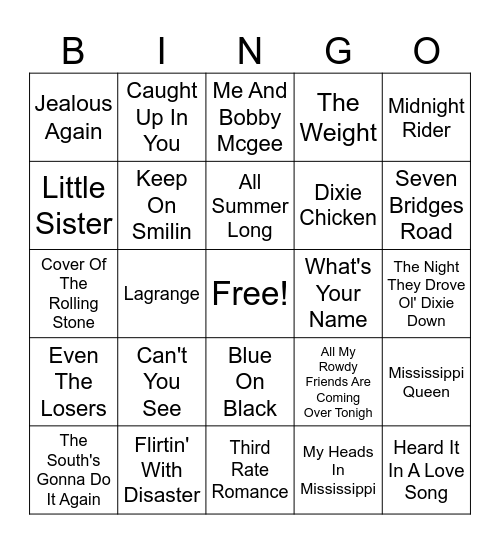 Southern Rock Bingo Card
