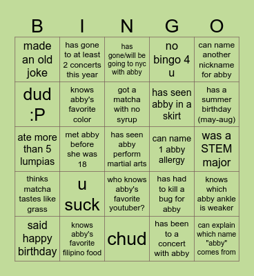 abby's birthday bingo :) Bingo Card