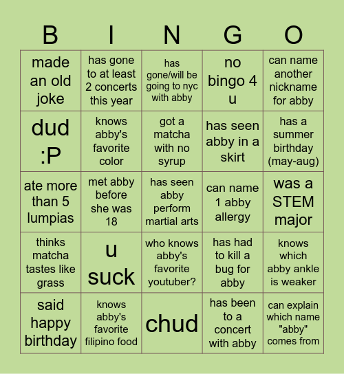 abby's birthday bingo :) Bingo Card