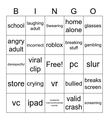 kids crashing Bingo Card