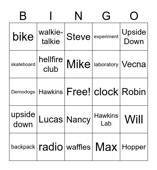 Stranger Things Bingo Card