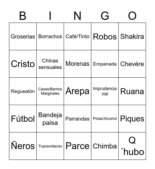 Colombia Bingo Card