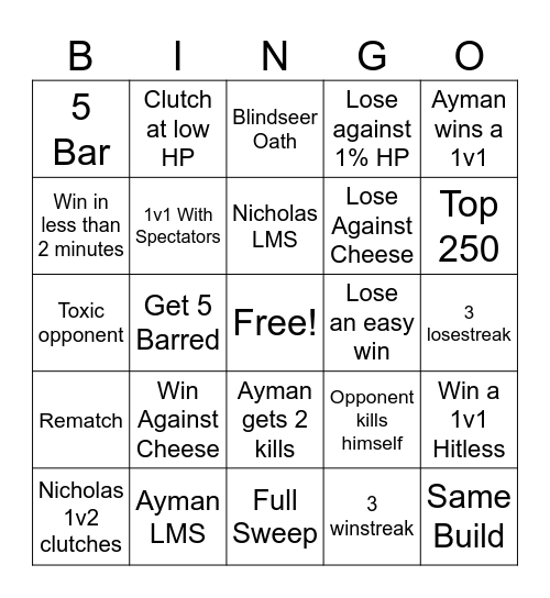 2v2 Chime Bingo Card