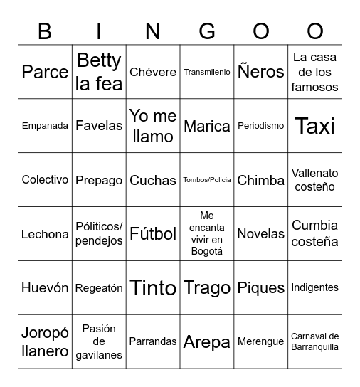 Colombia Bingo Card