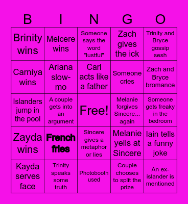 Love Island Finale Bingo Card