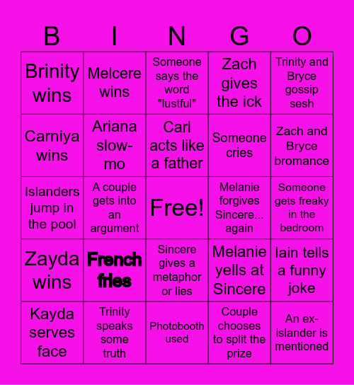 Love Island Finale Bingo Card