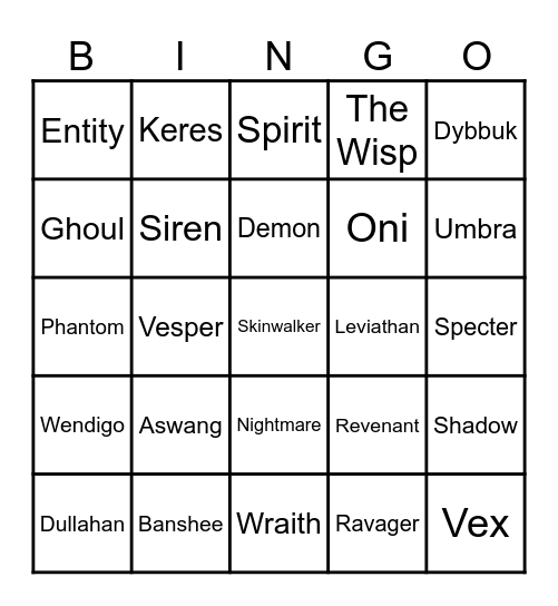 Demonology Bingo Card
