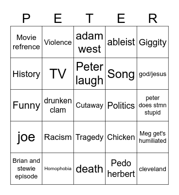 Family guy Bingo Card