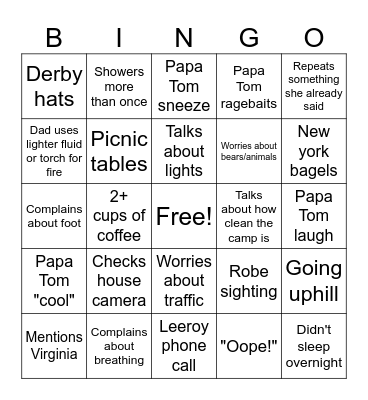 Camping with Mom and Dad Bingo Card