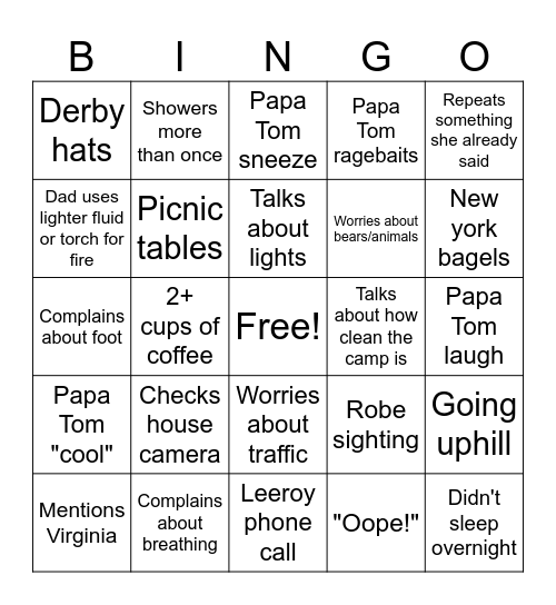 Camping with Mom and Dad Bingo Card