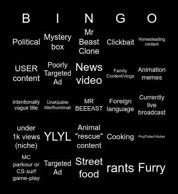 Youtube Bingo v1 Bingo Card