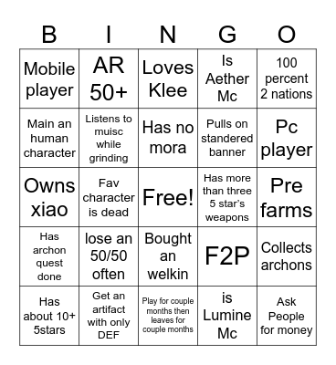 Genshin impact bingo Card