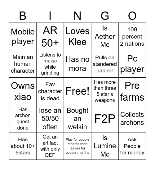 Genshin impact bingo Card
