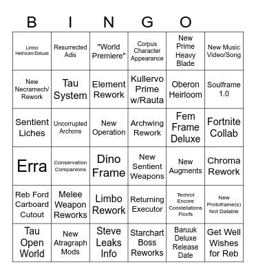 Warframe Tennocon 2026 Bingo Card