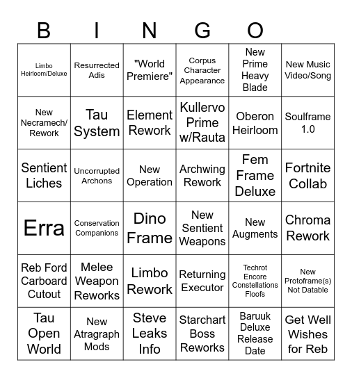 Warframe Tennocon 2026 Bingo Card