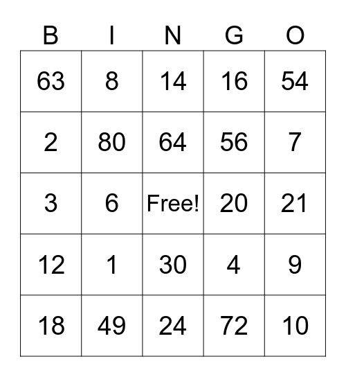 Multiplication Bingo Card