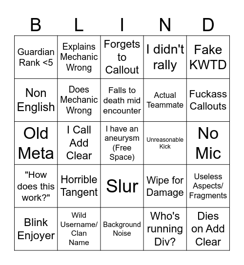 Lobotomy Finder 2.0 Bingo Card