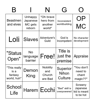 Isekai Bingo Card