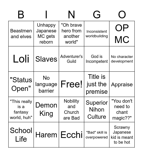 Isekai Bingo Card