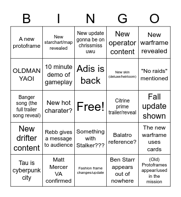 Warframe Bingo Card