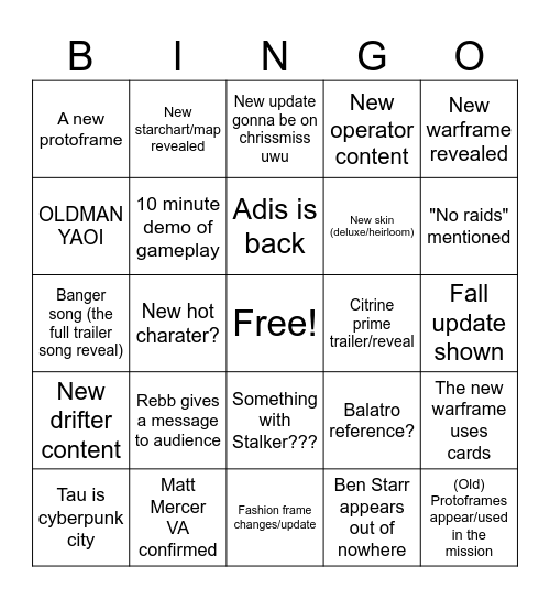 Warframe Bingo Card