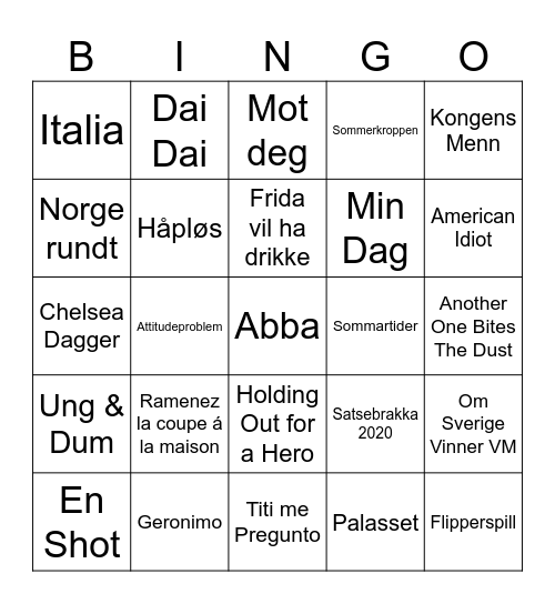 Musikkbingo Card